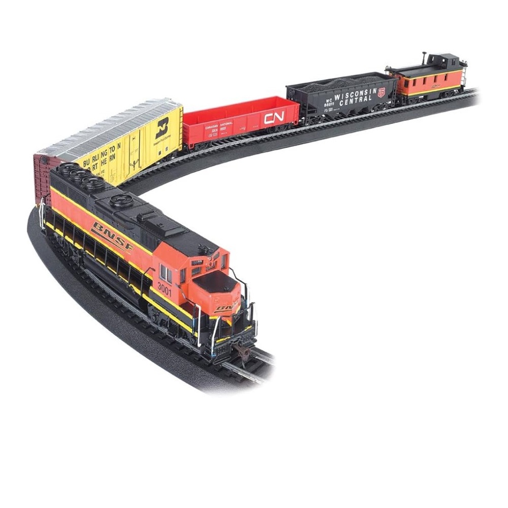 Colorful Train Set with Black and Red Locomotive